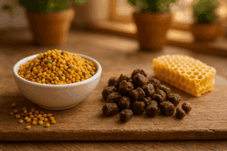 porównanie pierzgi i pyłku pszczelego w miseczkach